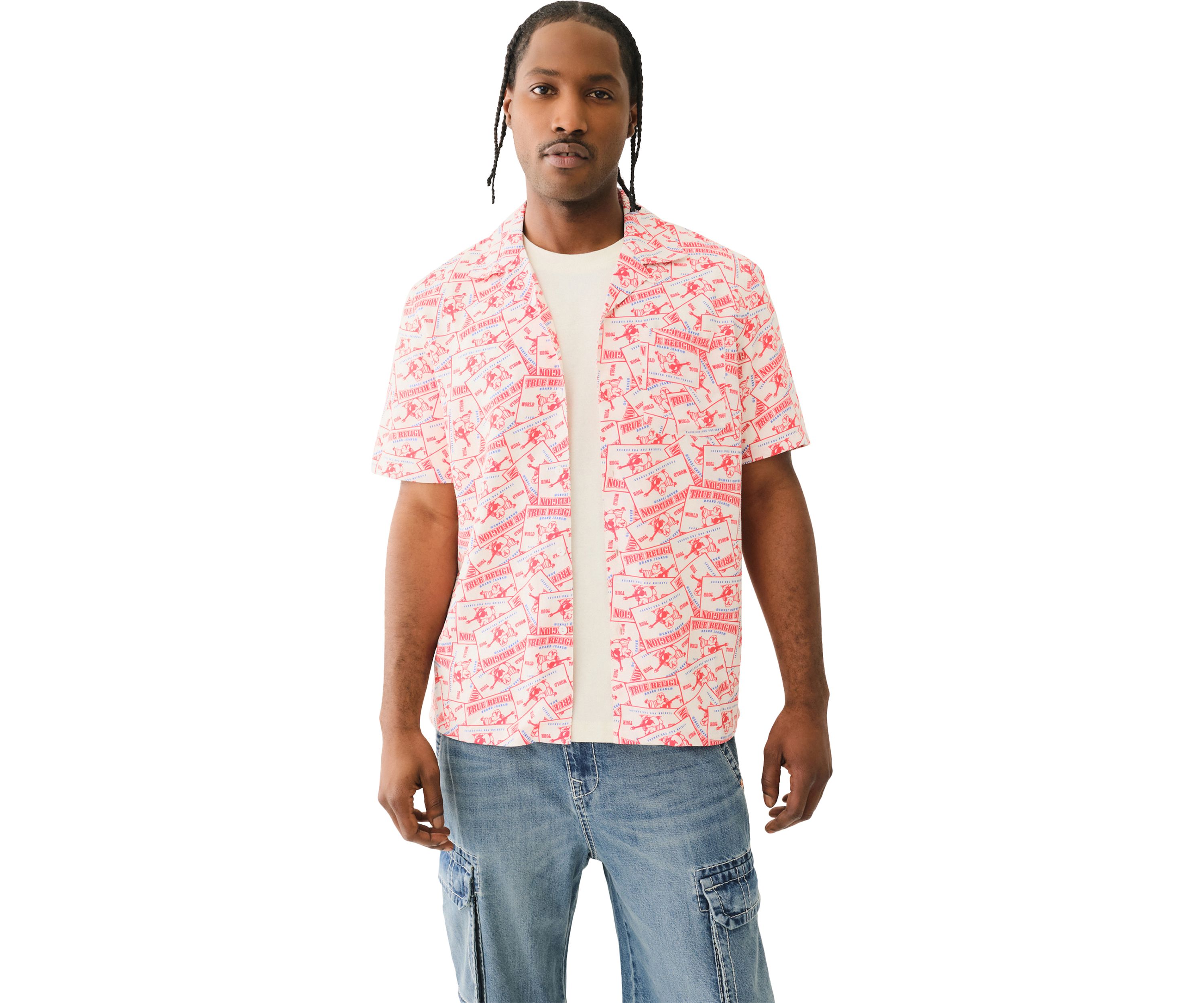 Allover Buddha Print Short Sleeve Camp Shirt