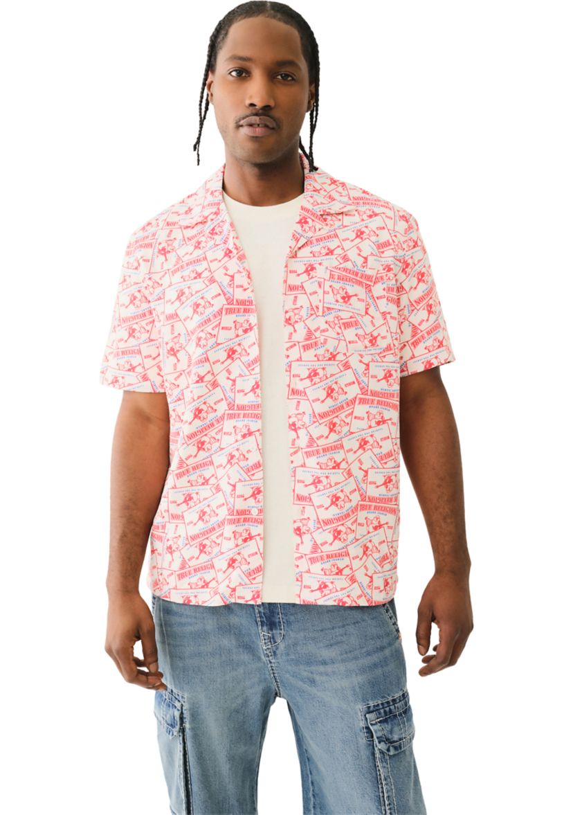 Allover Buddha Print Short Sleeve Camp Shirt