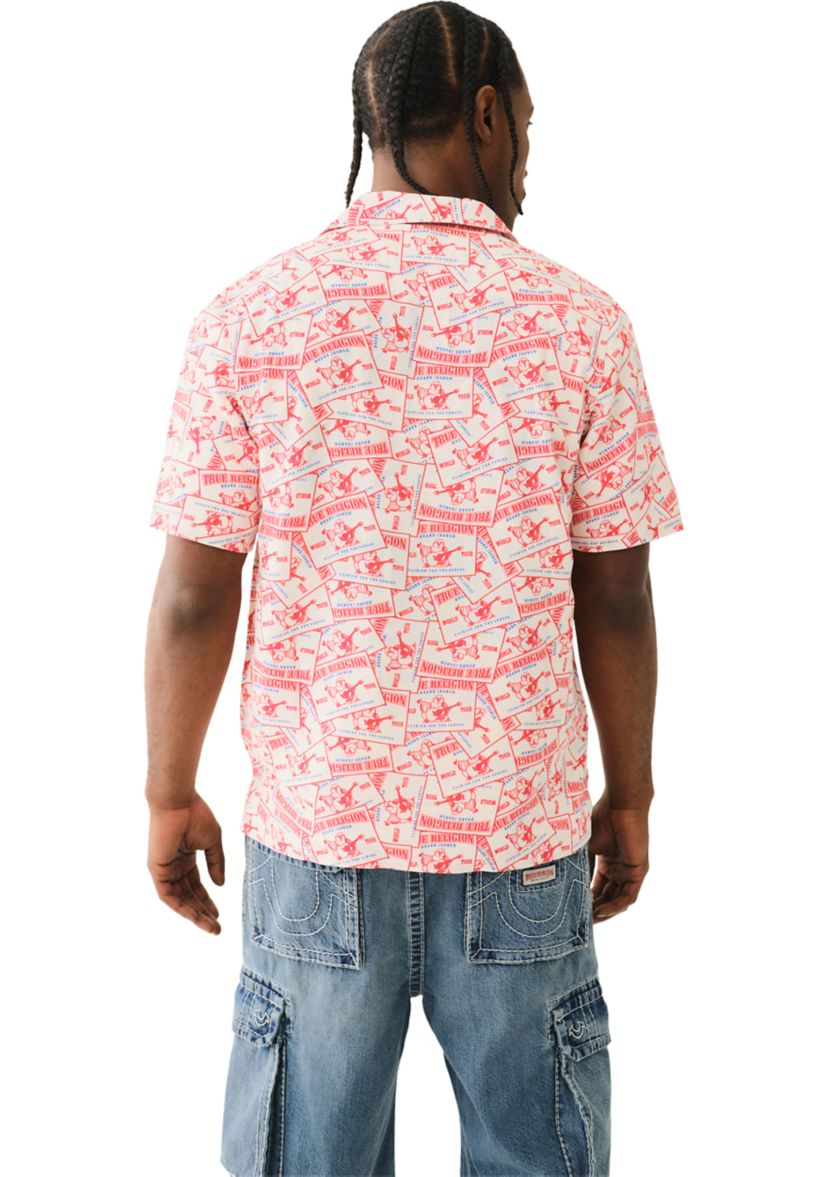 Allover Buddha Print Short Sleeve Camp Shirt