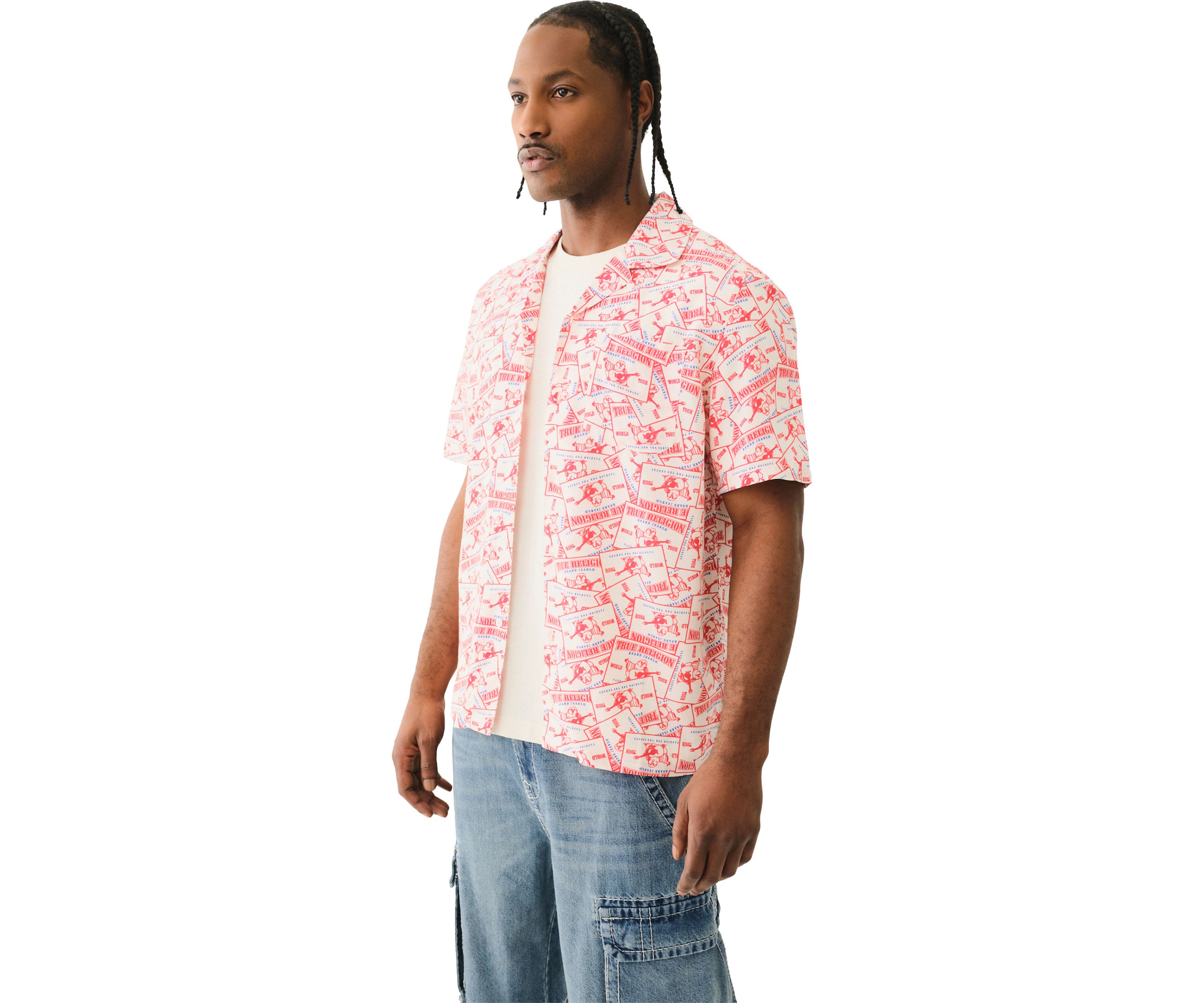 Allover Buddha Print Short Sleeve Camp Shirt