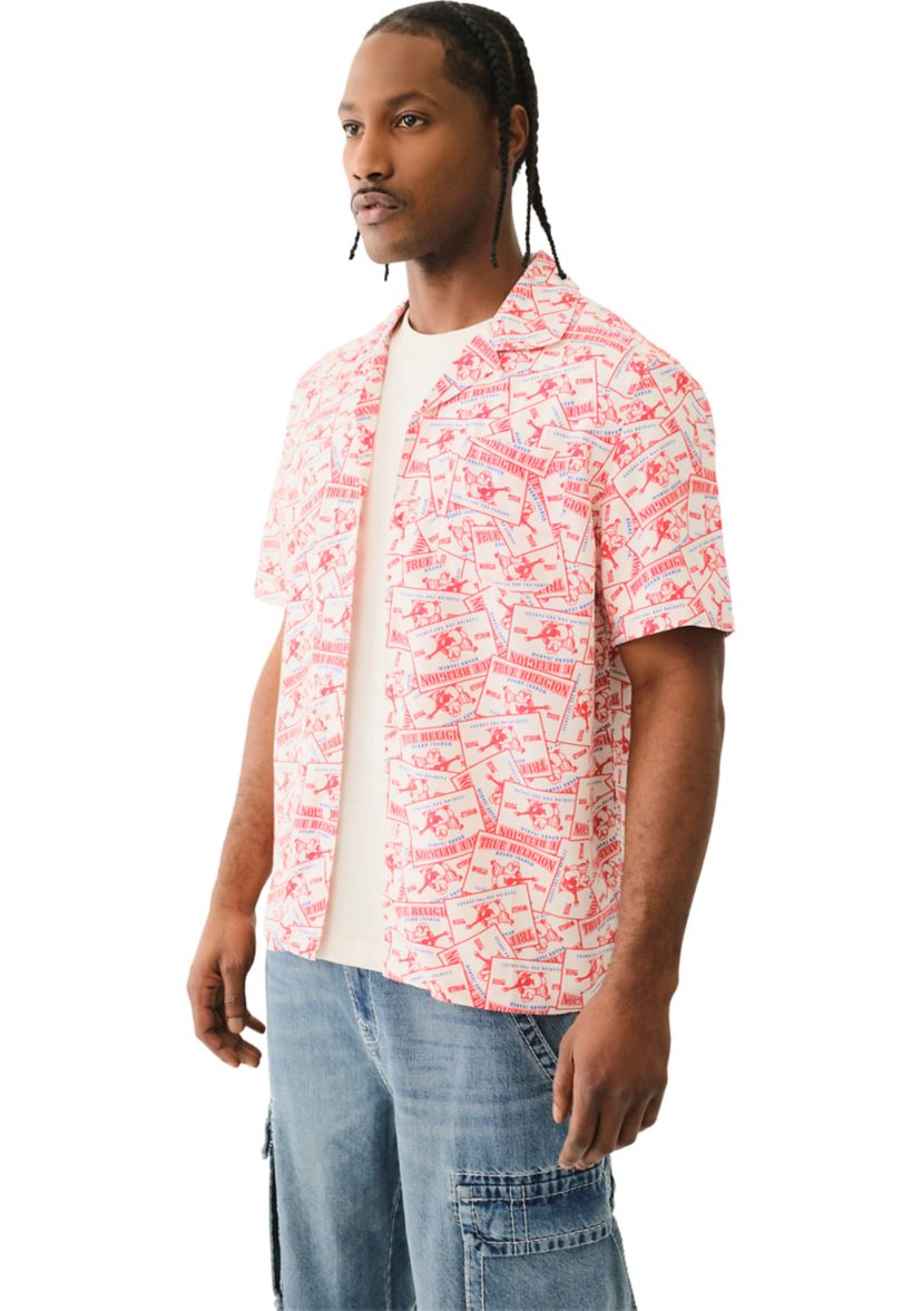 Allover Buddha Print Short Sleeve Camp Shirt