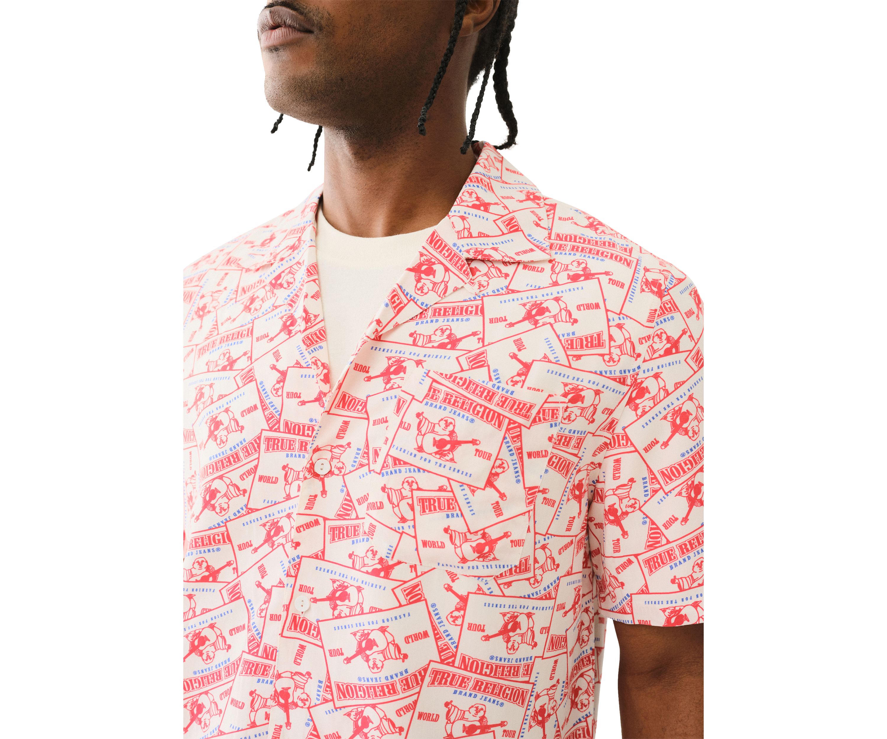 Allover Buddha Print Short Sleeve Camp Shirt