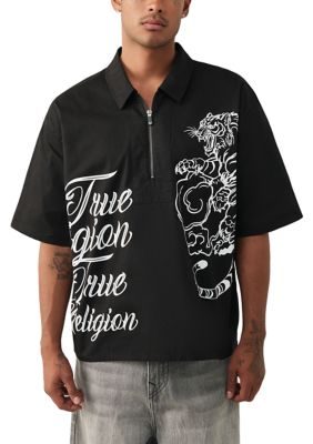True Religion Men's Tiger Print Short Sleeve Zip Woven Top, Black, XL