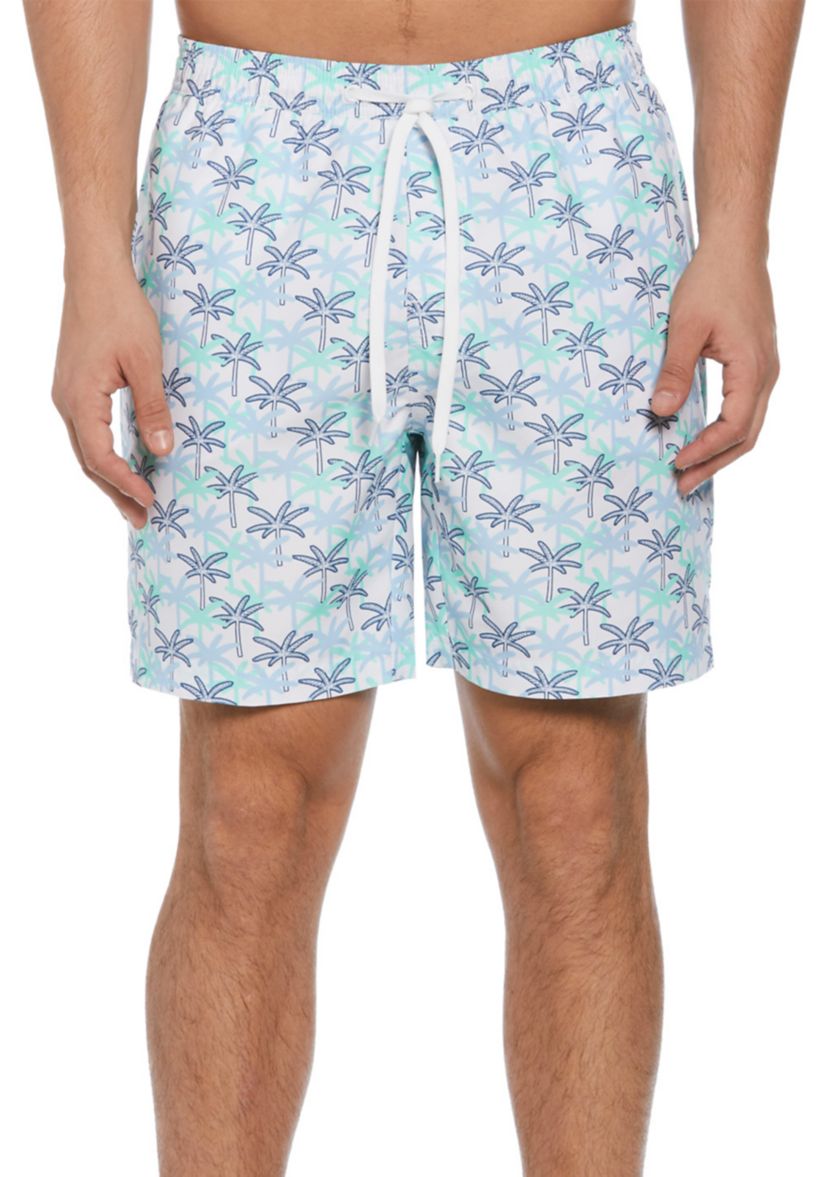 7" White Palm Print Swim Shorts