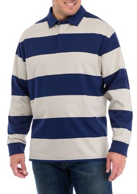 Southern Proper Men's Big & Tall Long Sleeve Stripe Rugby Polo Shirt, Silver, 2XL Big