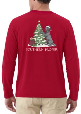 Southern Proper Men's Long Sleeve Christmas Tree Dog Graphic T-Shirt, 2XL