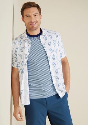 Southern Proper Men's Short Sleeve Seersucker Marlin Printed Shirt, White, Small