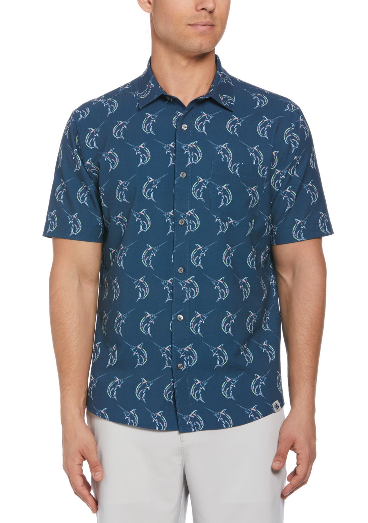 Short Sleeve Seersucker Marlin Printed Shirt