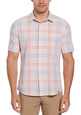 Southern Proper Men's Short Sleeve Madras Plaid Woven Shirt, Pink, Medium