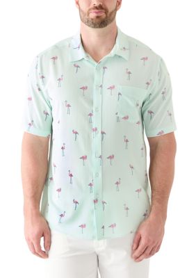 Southern Proper Men's Big & Tall Short Sleeve Seersucker Flamingo Shirt, Green, 4XL Big