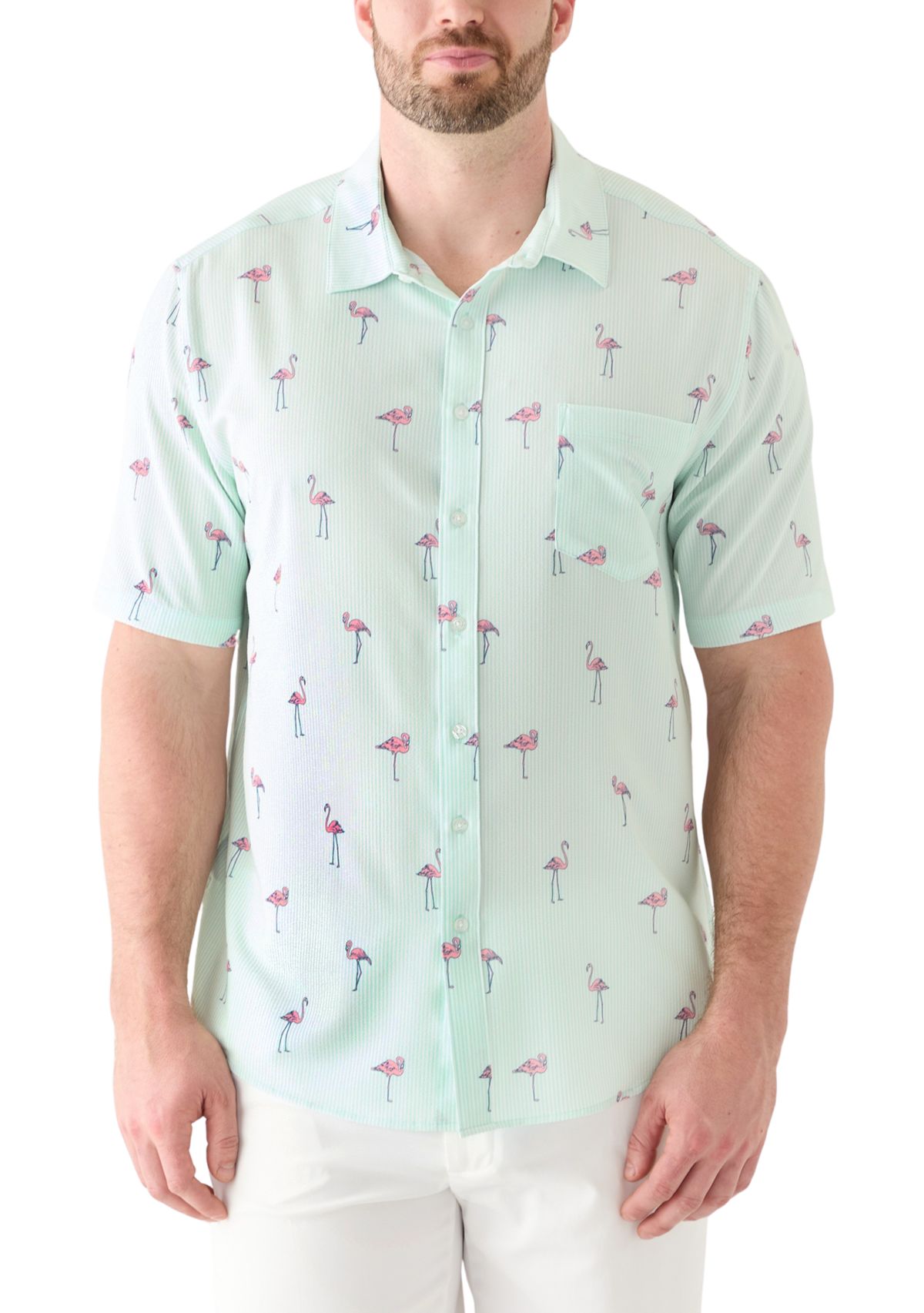 Big & Tall Short Sleeve Seersucker Flamingo Shirt 