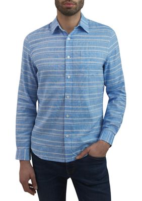 Ben Sherman Men's Long Sleeve Striped Linen Shirt, Sky Blue, XL