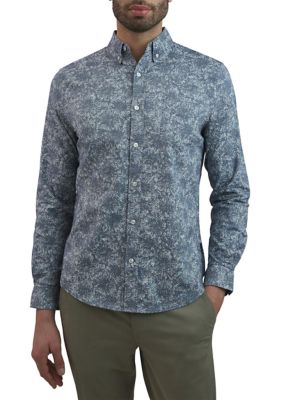 Ben Sherman Men's Long Sleeve Cluster Floral Oxford Shirt, Navy Blue, Large