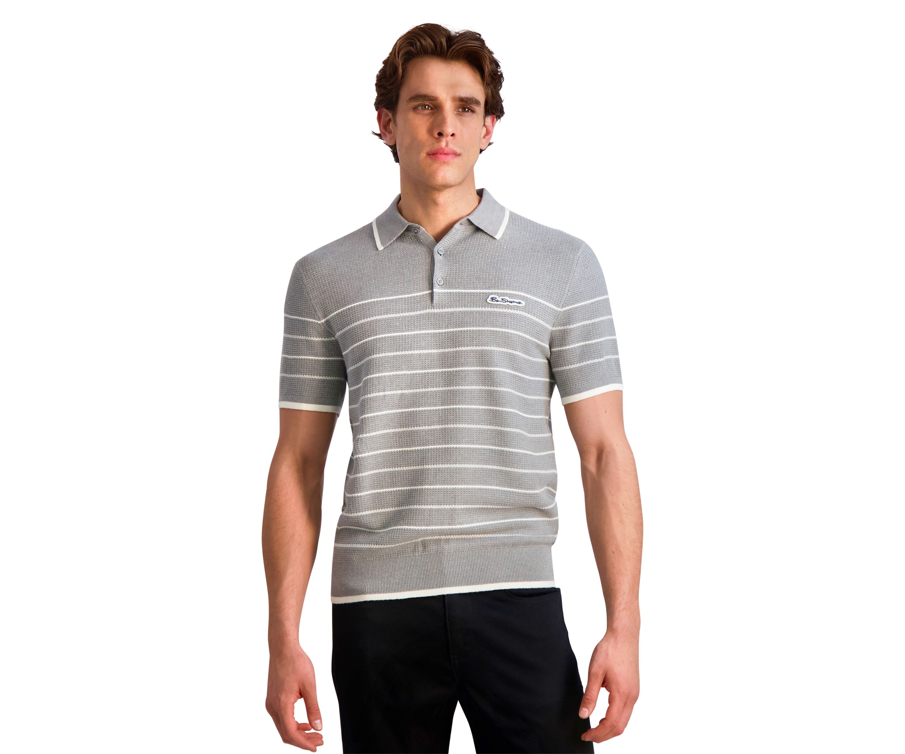 Mens Waffle Textured Stripe Polo Shirt