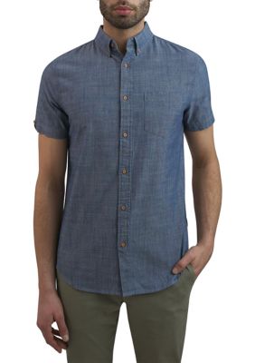 Ben Sherman Men's Short Sleeve Chambray Button Down Shirt, Navy Blue, Large
