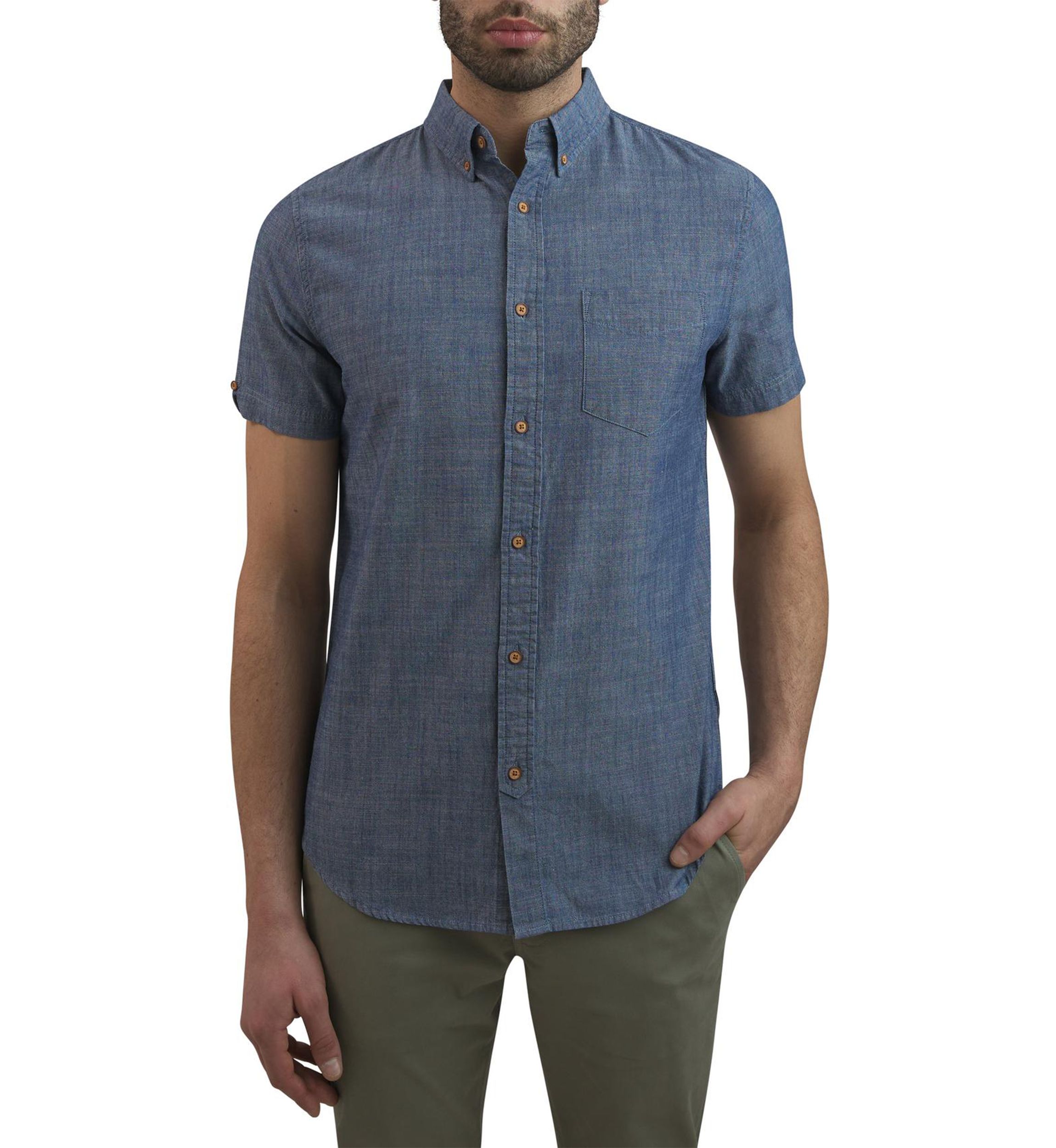 Mens Short Sleeve Chambray Button Down Shirt