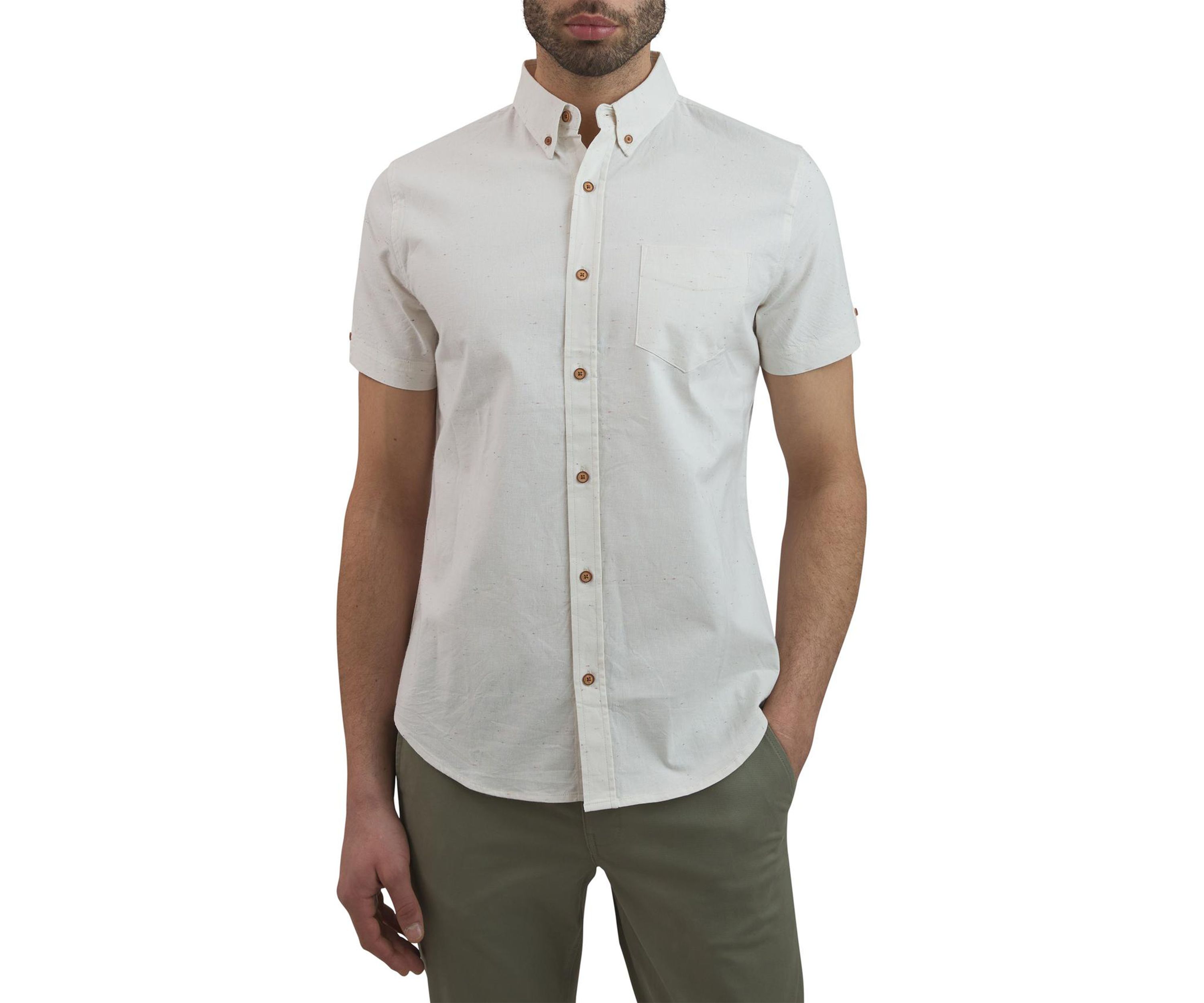 Mens Short Sleeve Fleck Printed Chambray Button Down Shirt
