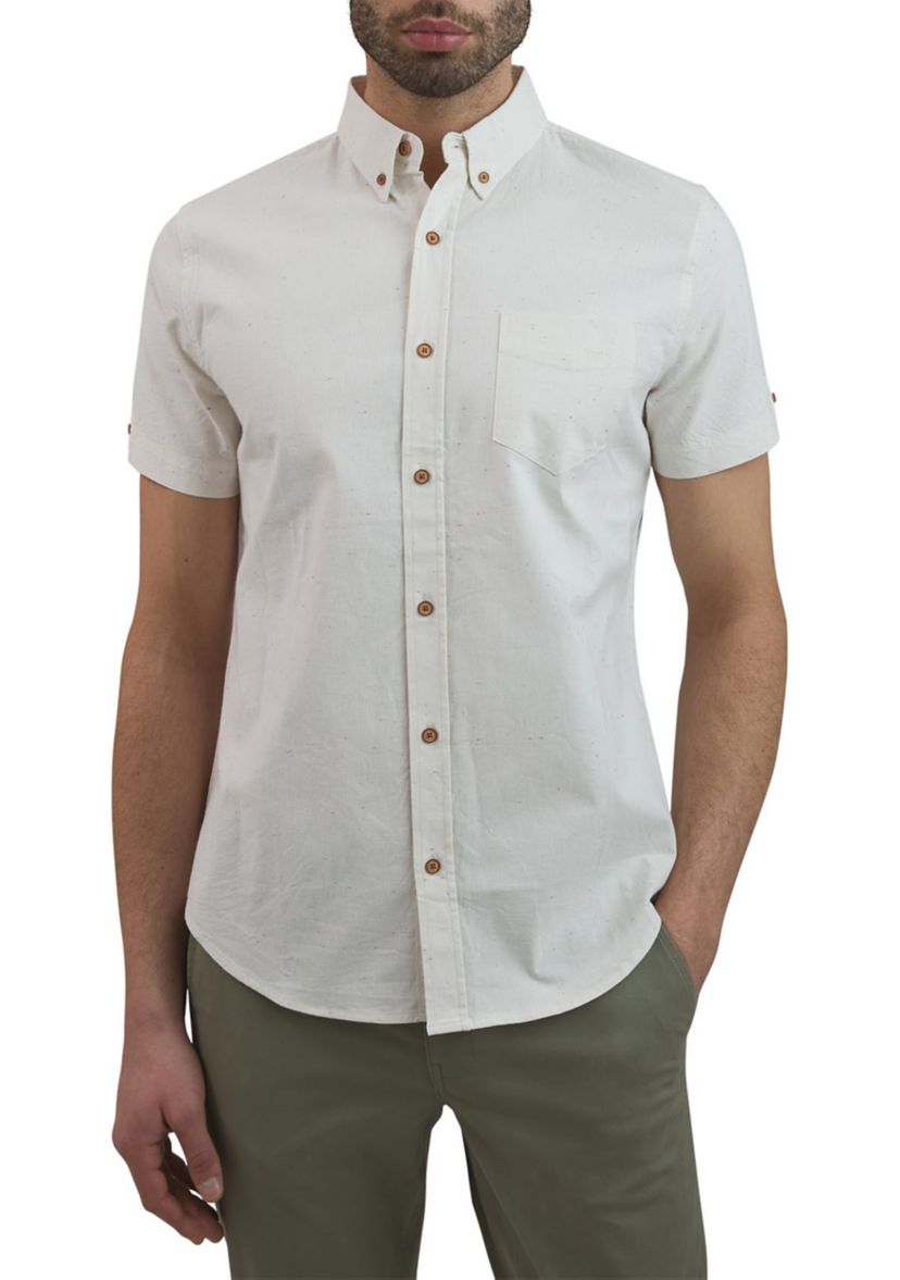 Mens Short Sleeve Fleck Printed Chambray Button Down Shirt