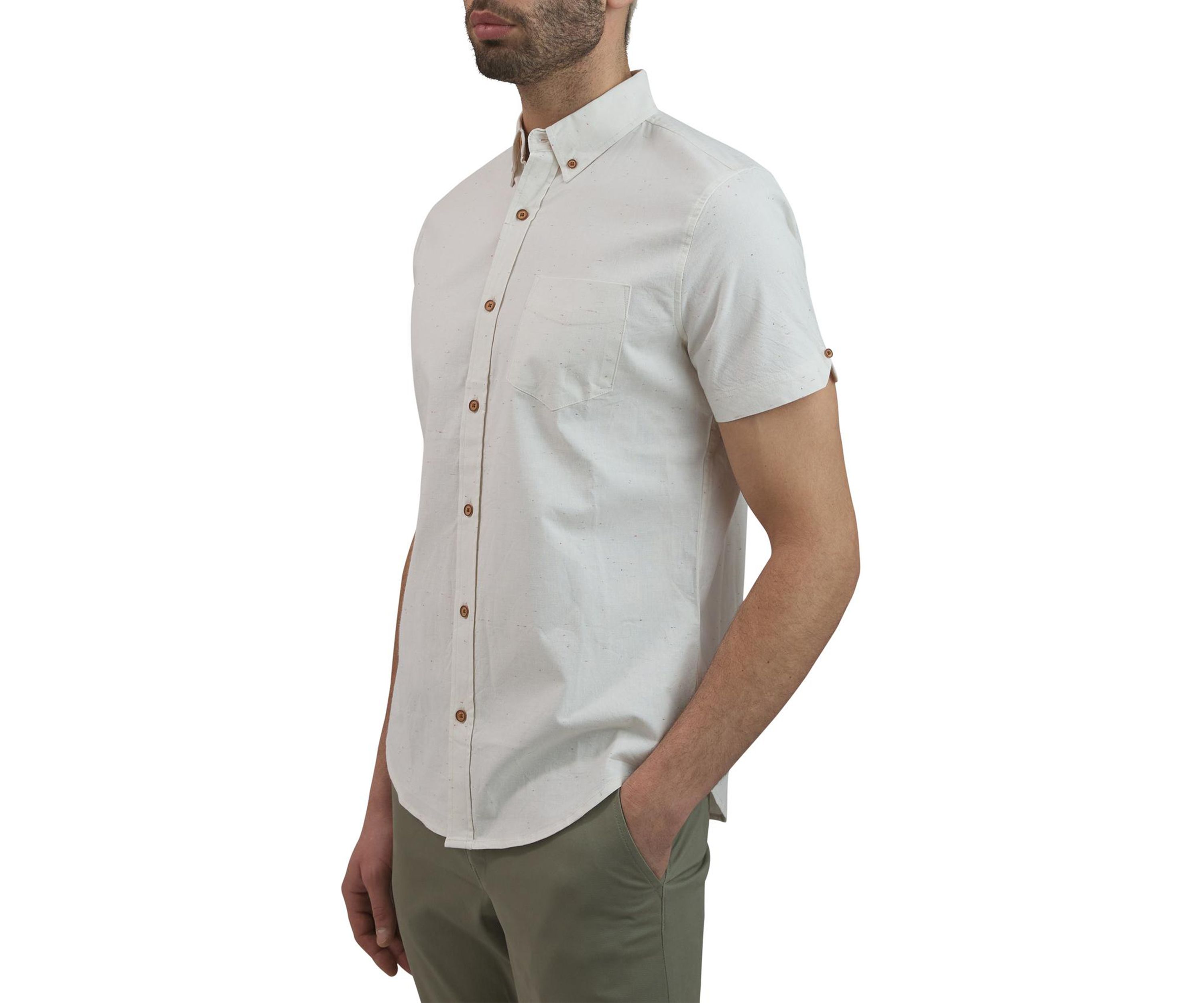 Mens Short Sleeve Fleck Printed Chambray Button Down Shirt