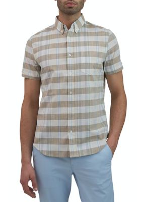Ben Sherman Men's Short Sleeve Color Blocked Button Down Shirt, Sand, Medium