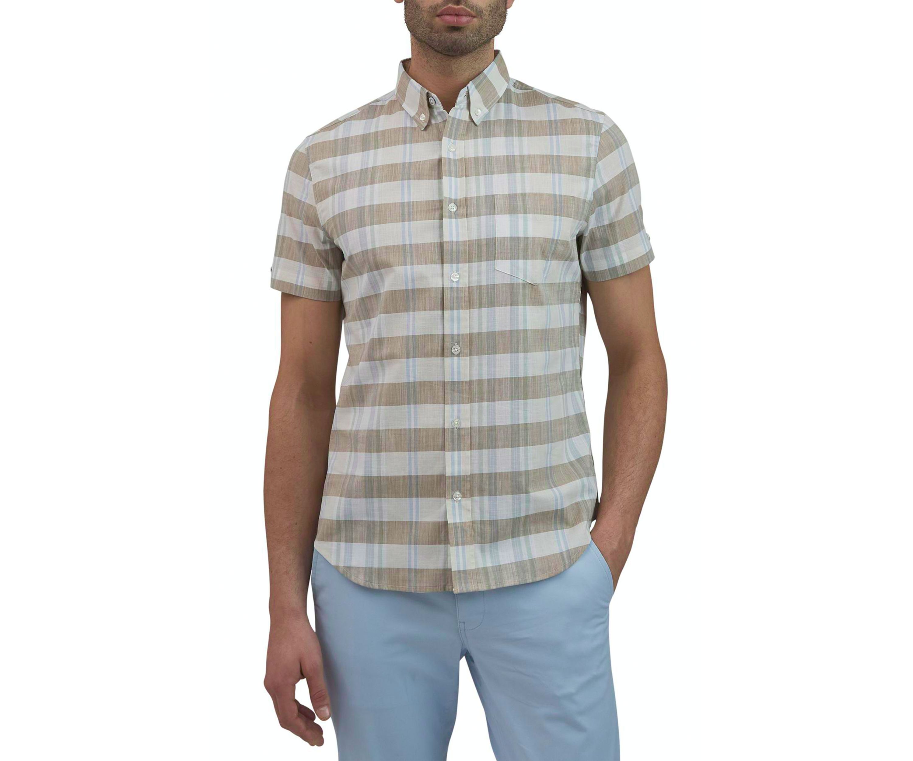 Mens Short Sleeve Color Blocked Button Down Shirt