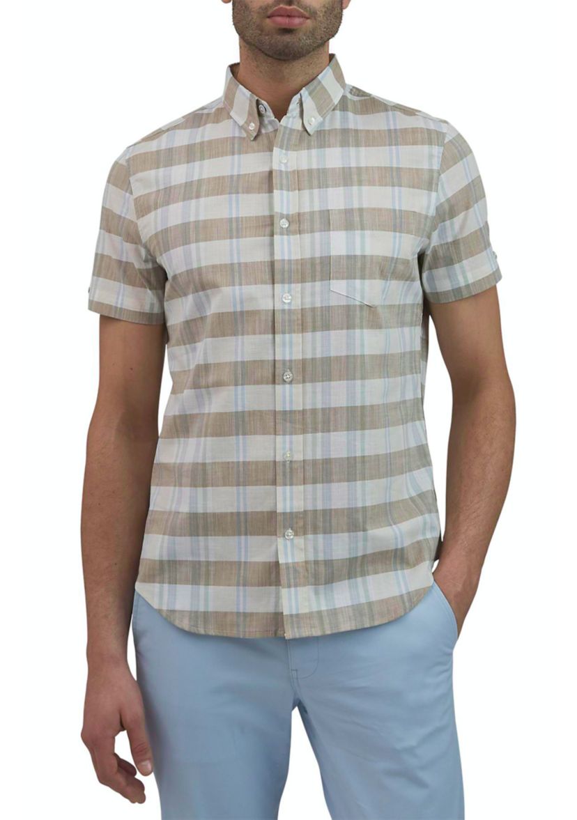 Mens Short Sleeve Color Blocked Button Down Shirt