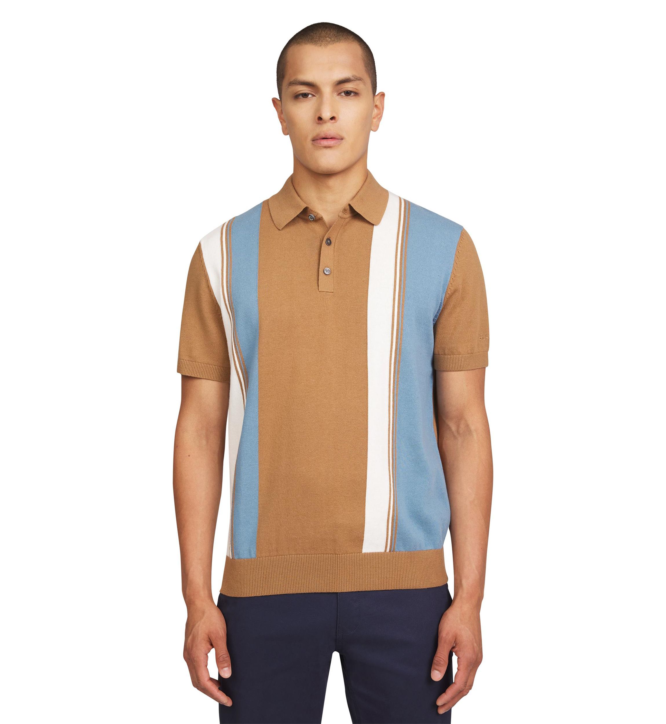Mens Short Sleeve Color Block Stripe Polo Shirt