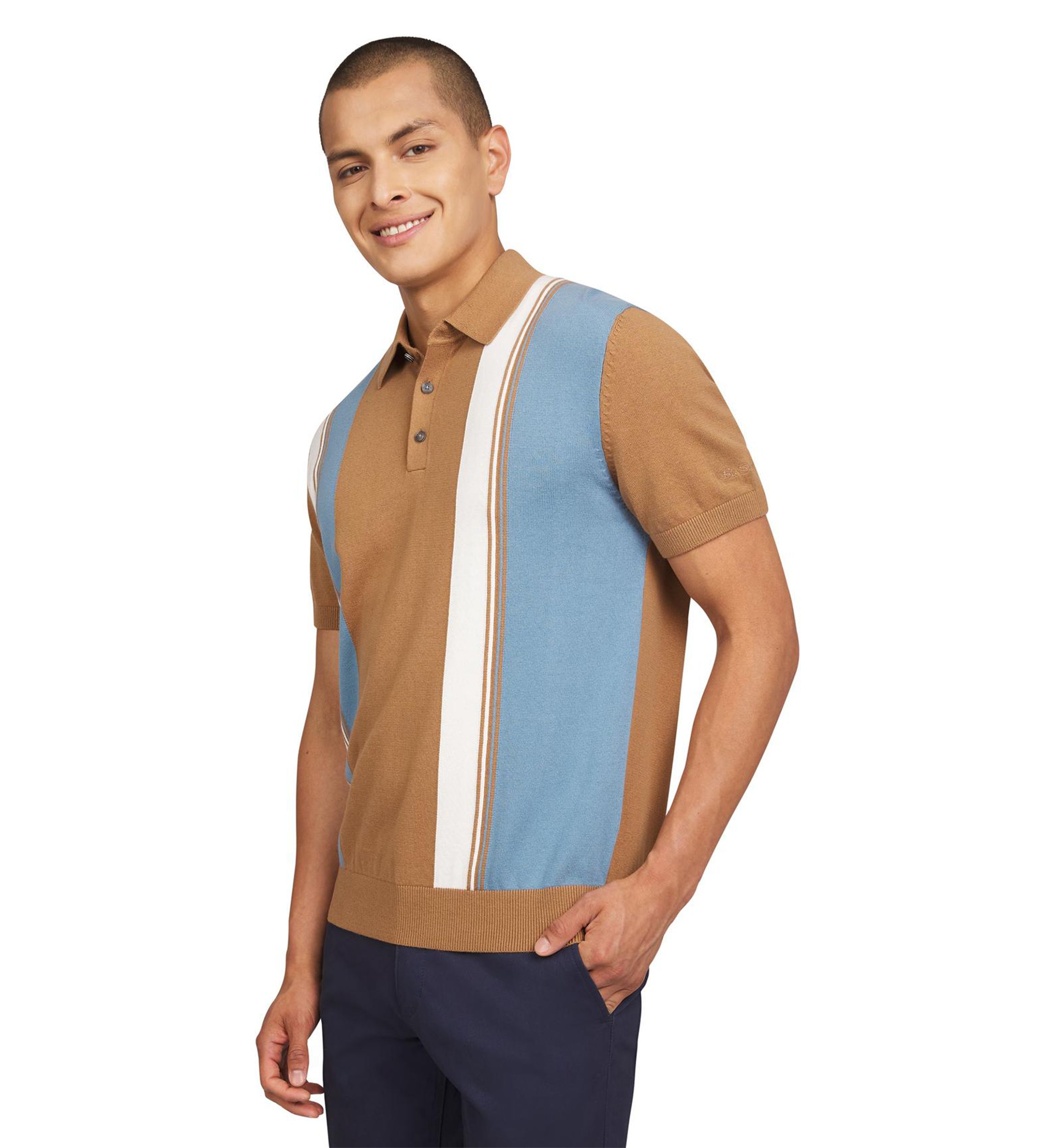 Mens Short Sleeve Color Block Stripe Polo Shirt