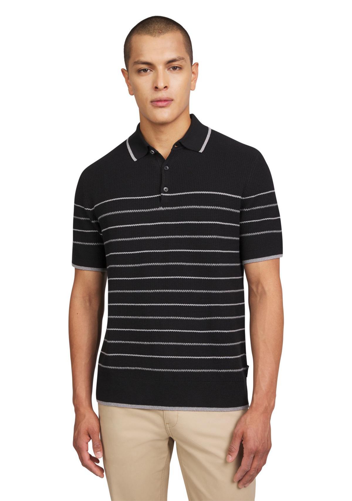 Mens Waffle Texture Stripe Polo Sweater