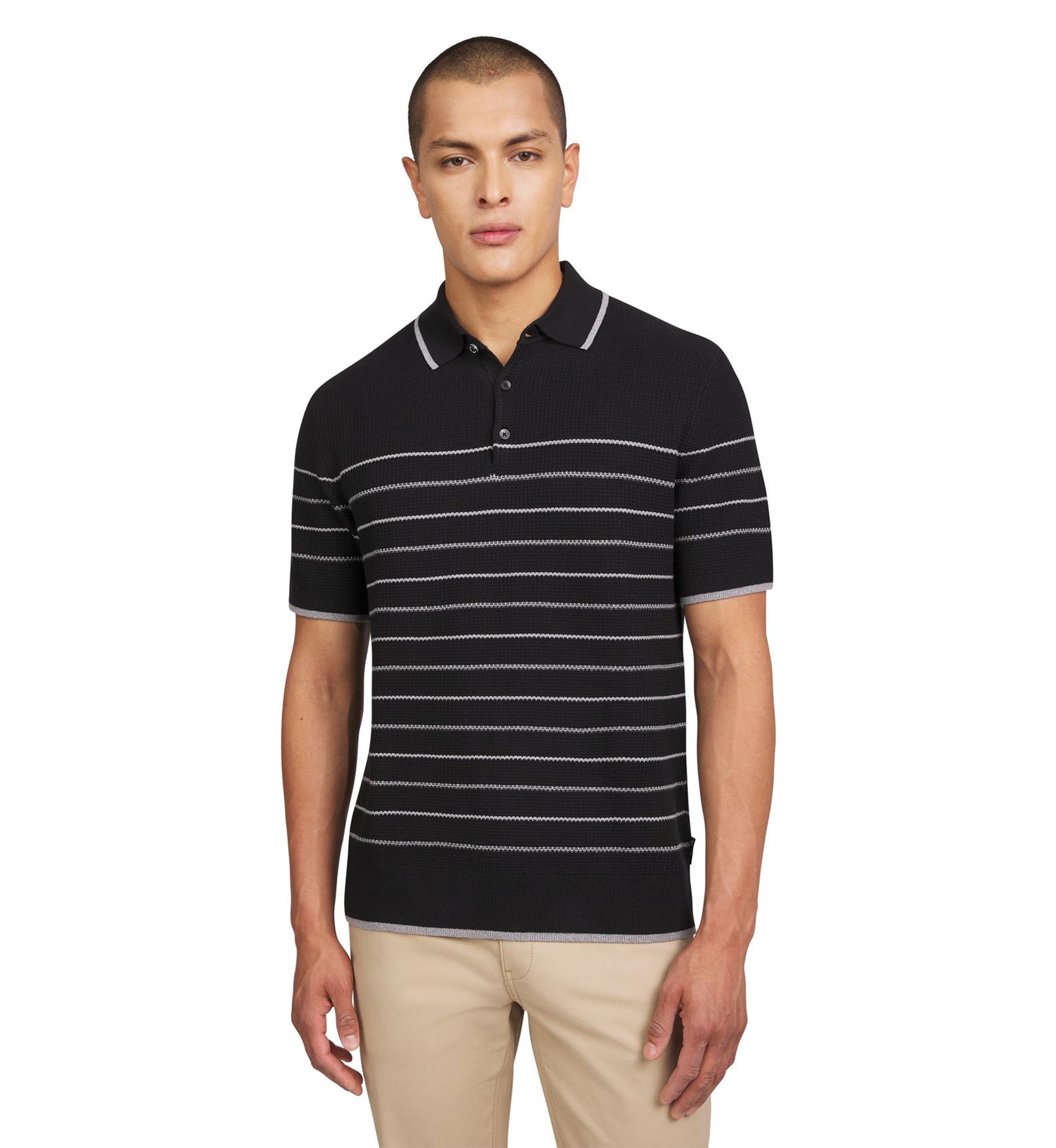 Mens Waffle Texture Stripe Polo Sweater