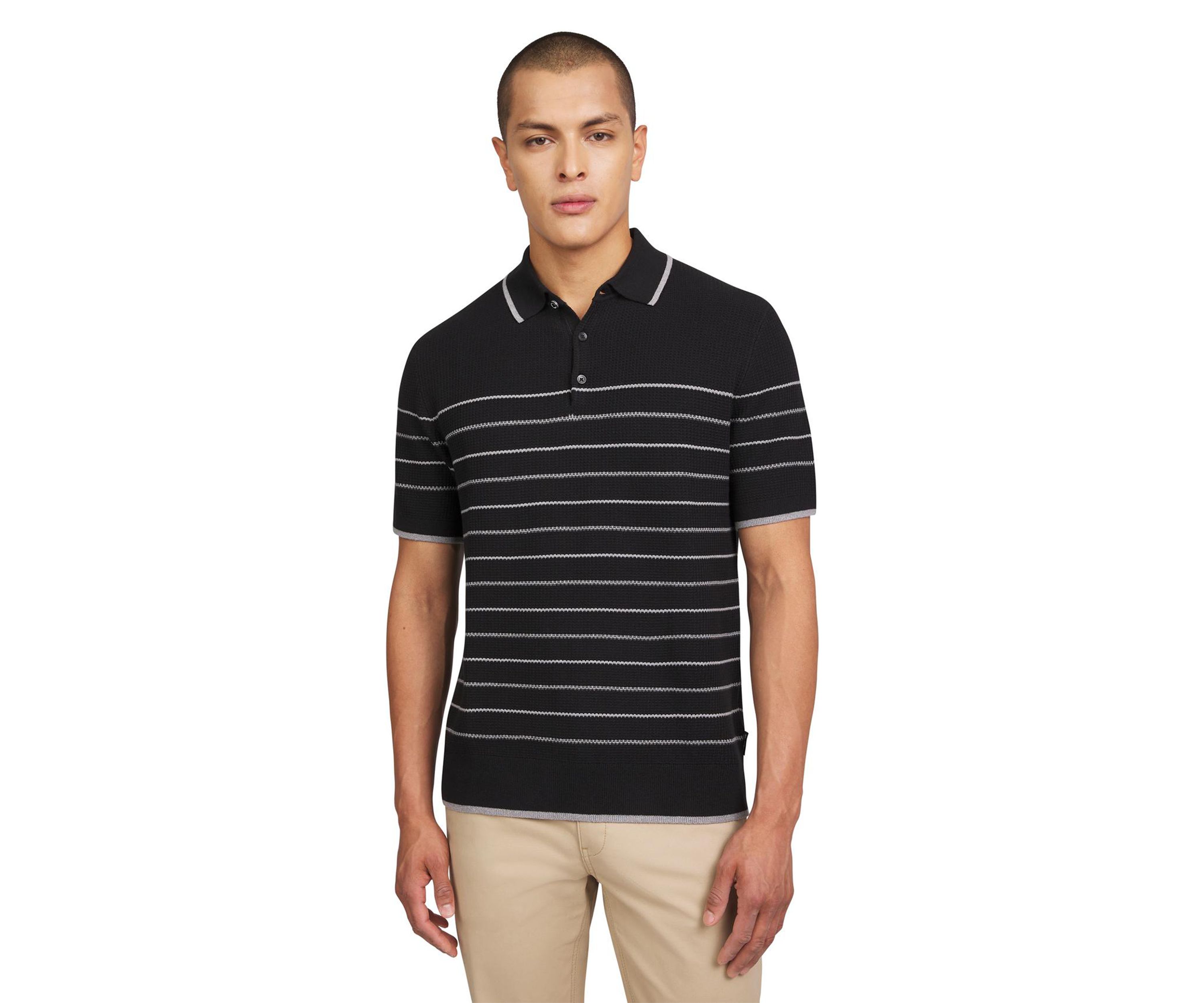 Mens Waffle Texture Stripe Polo Sweater