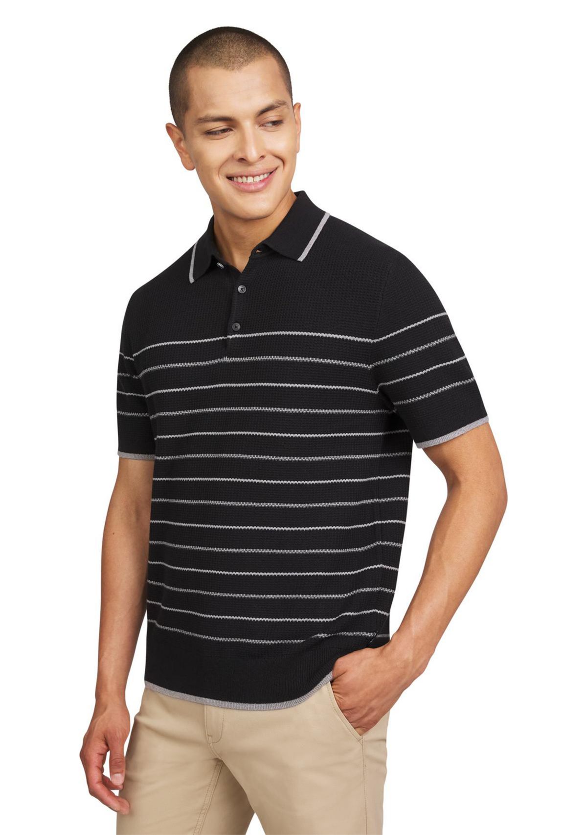 Mens Waffle Texture Stripe Polo Sweater