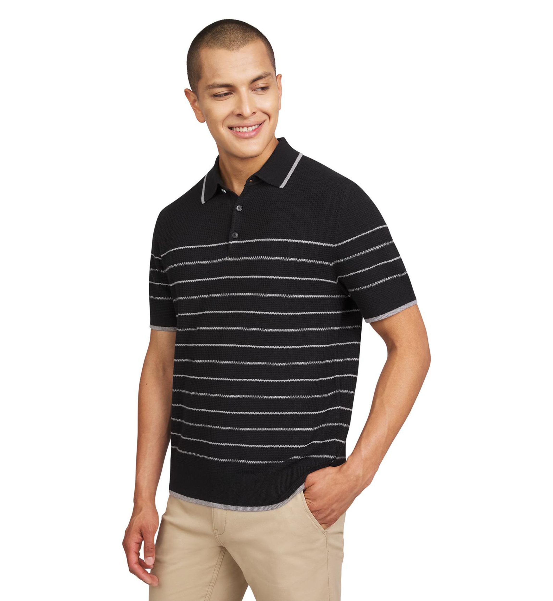 Mens Waffle Texture Stripe Polo Sweater