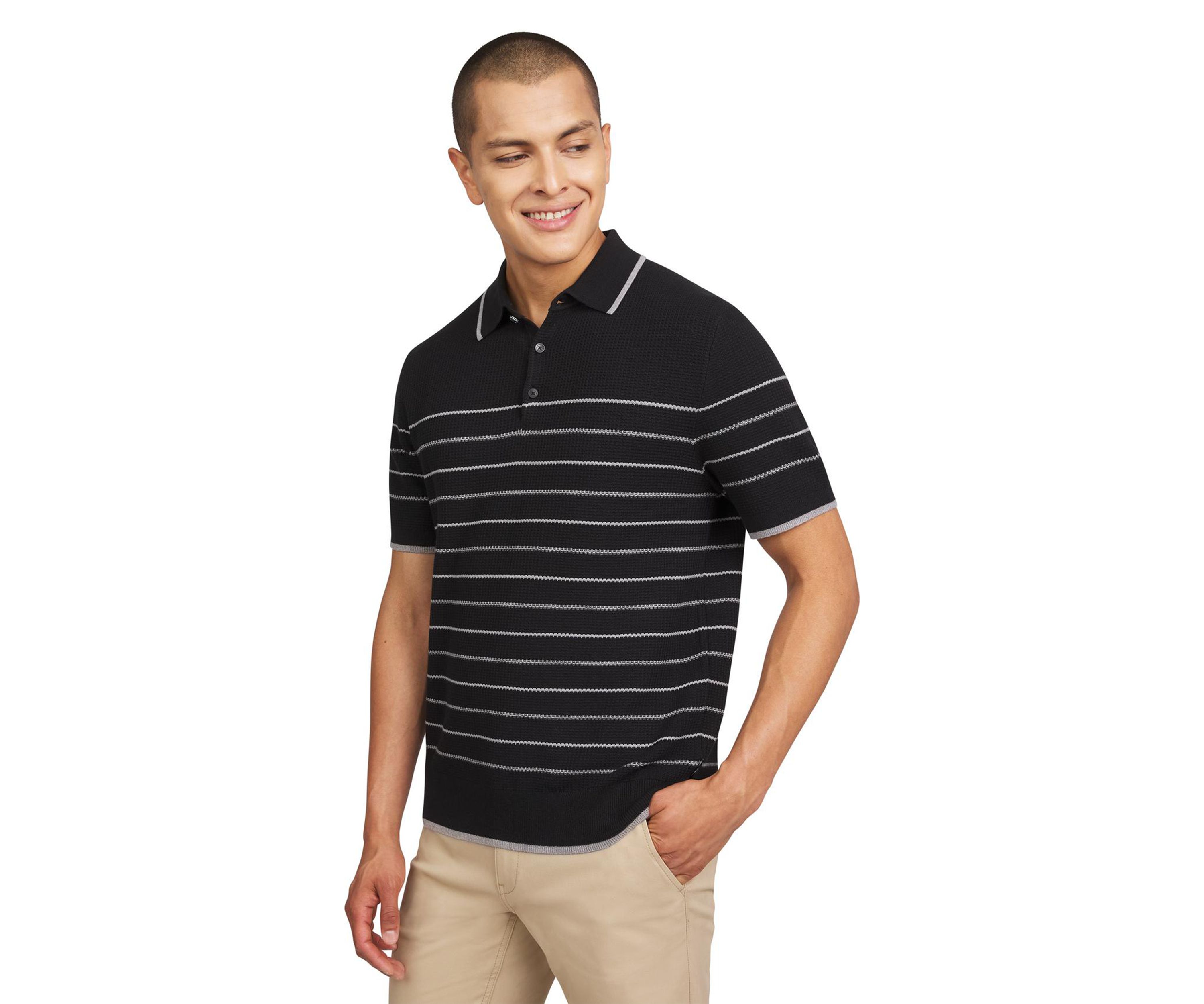 Mens Waffle Texture Stripe Polo Sweater