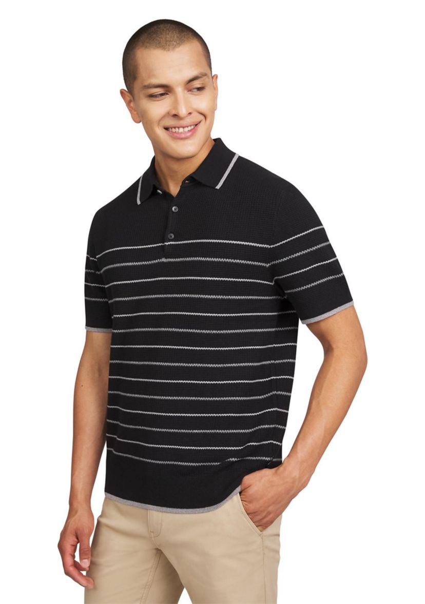 Mens Waffle Texture Stripe Polo Sweater
