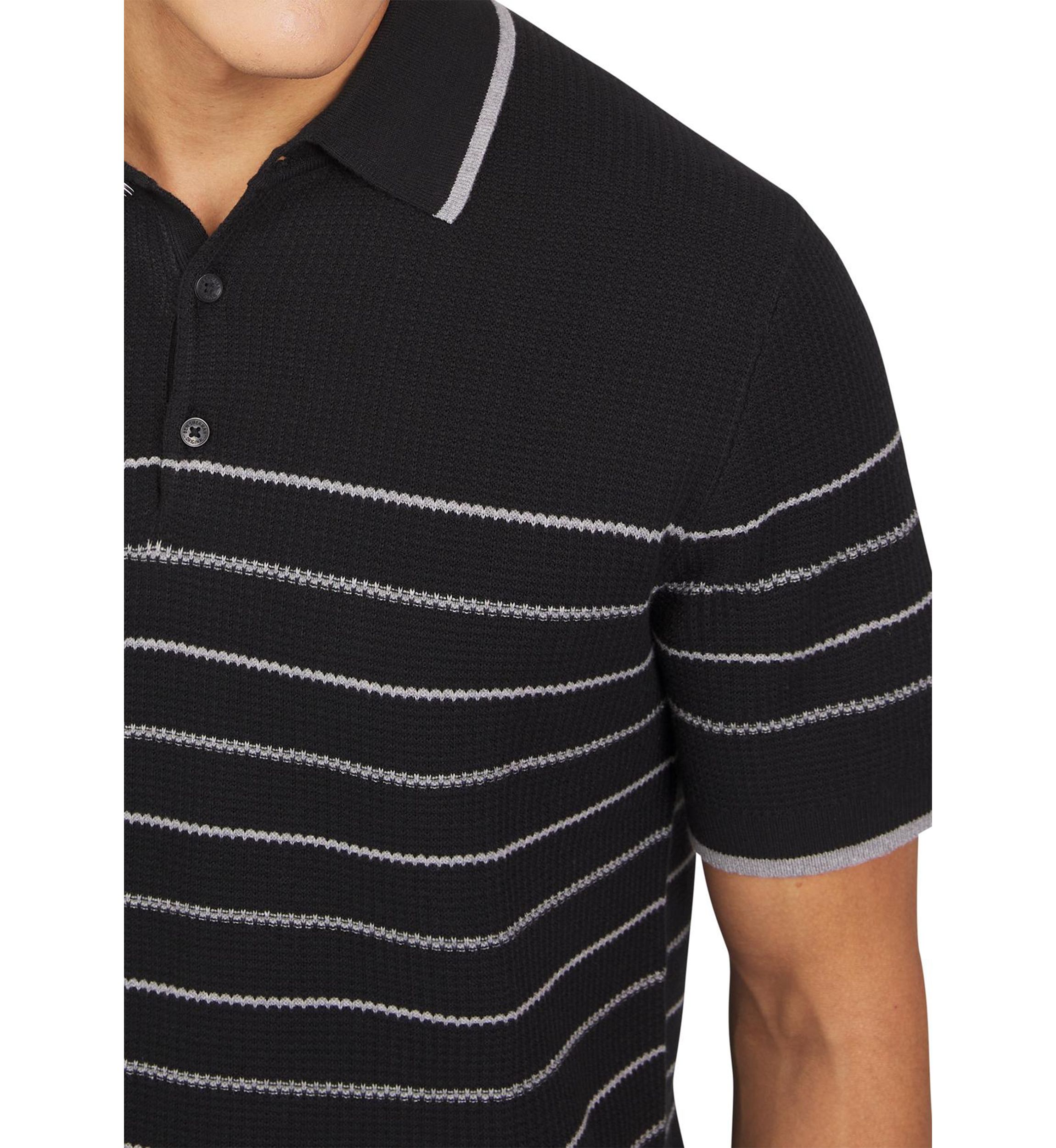 Mens Waffle Texture Stripe Polo Sweater