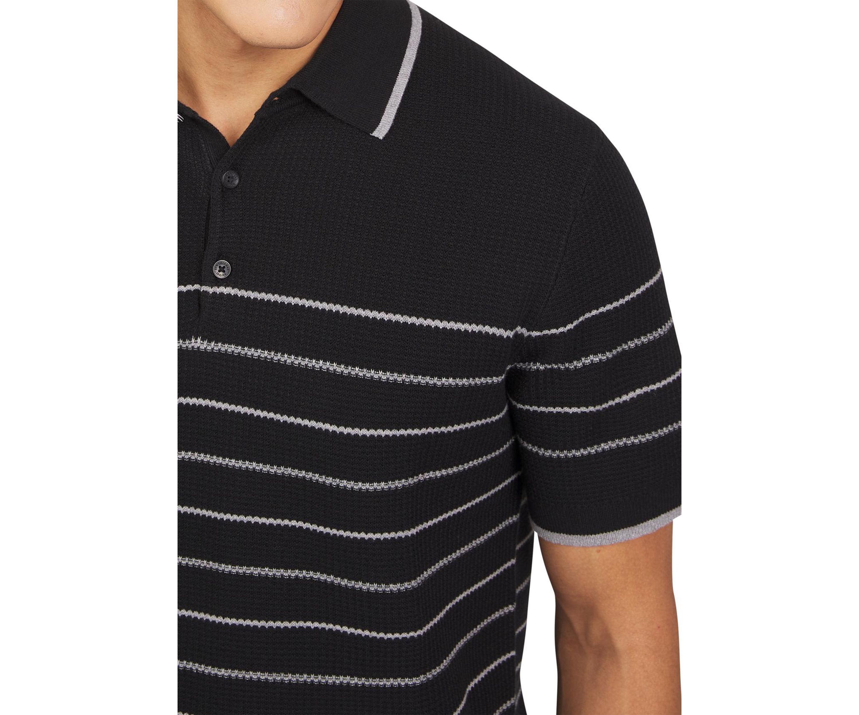 Mens Waffle Texture Stripe Polo Sweater