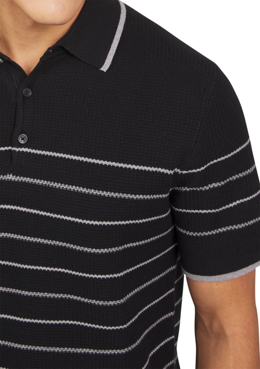 Mens Waffle Texture Stripe Polo Sweater