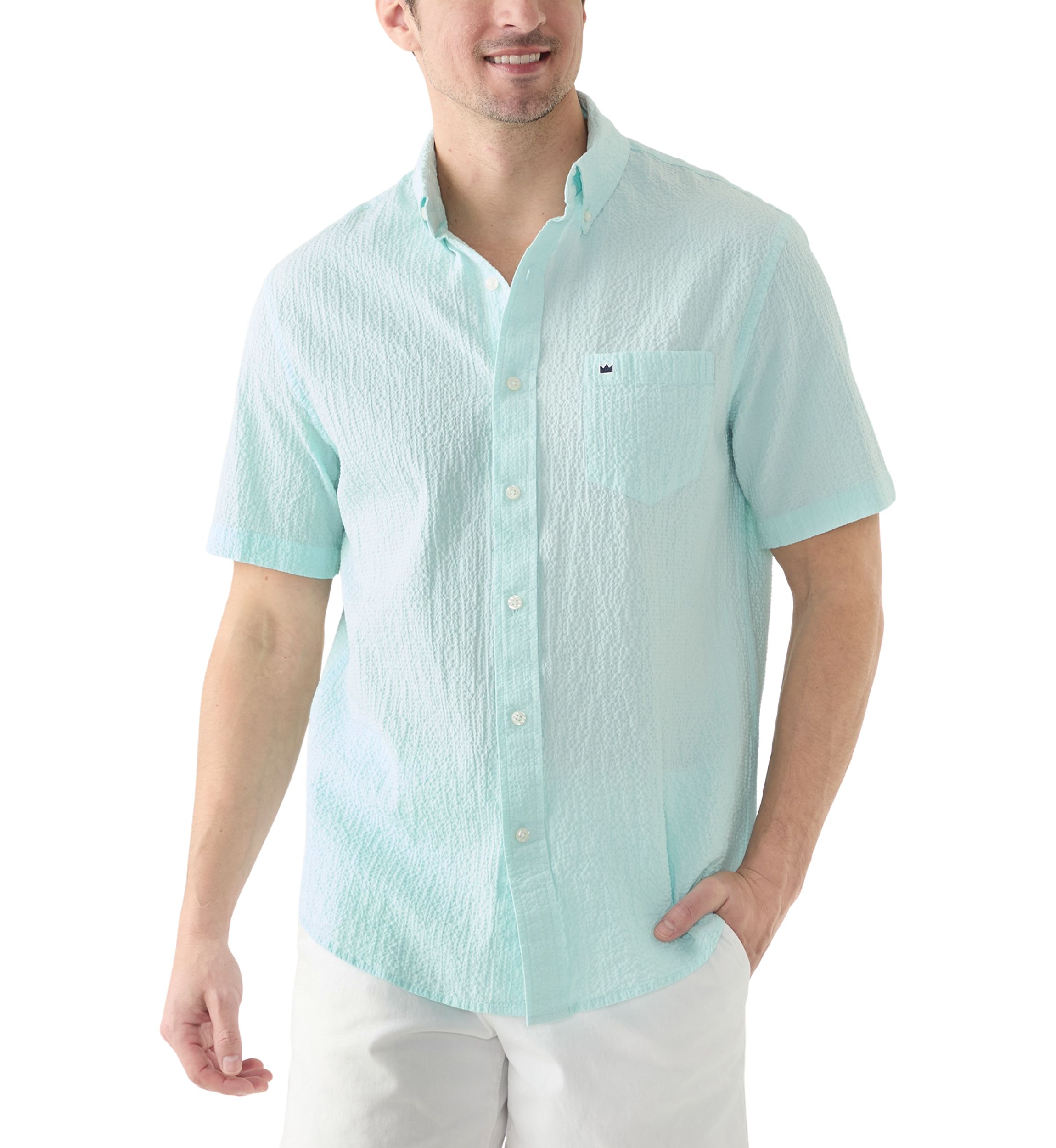Short Sleeve Solid Crinkle Button Down Shirt