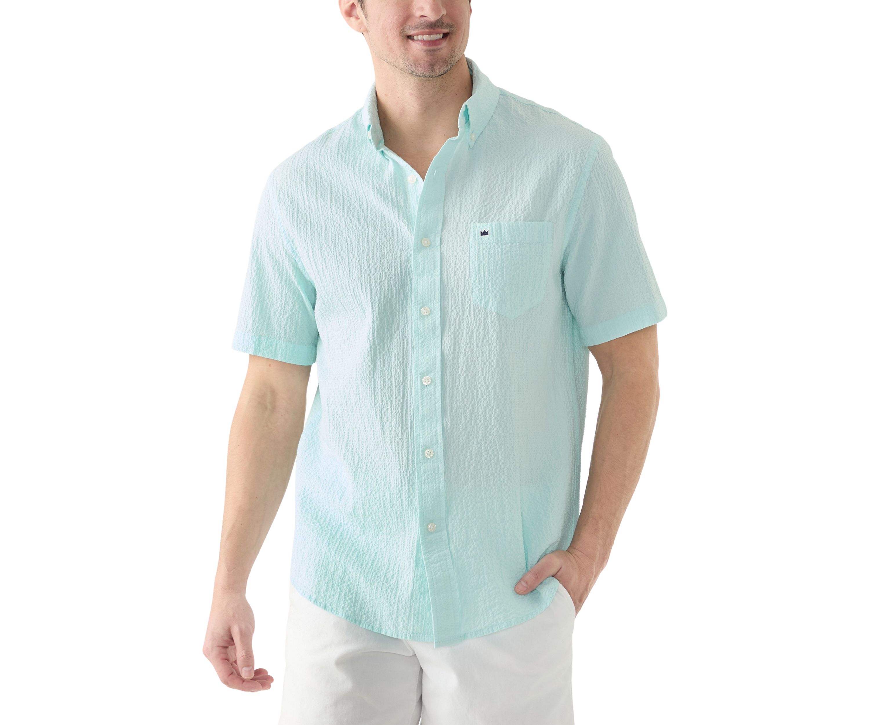 Short Sleeve Solid Crinkle Button Down Shirt