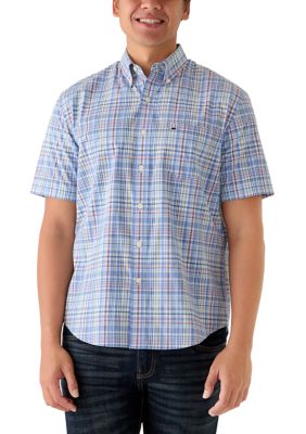 Crown & Ivy Men's Short Sleeve Poplin Plaid Shirt, Blue, 2XL