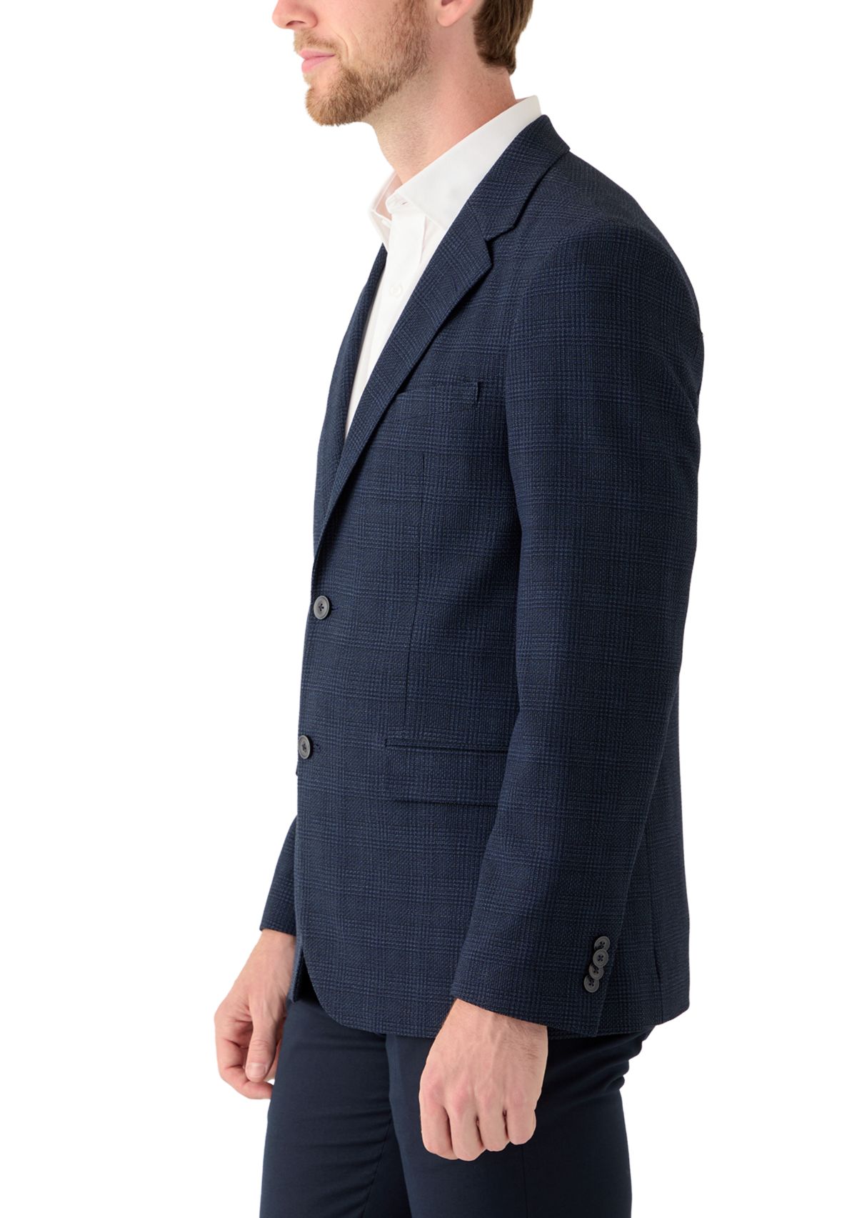 Mens Navy Tonal Plaid Knit Sports Coat