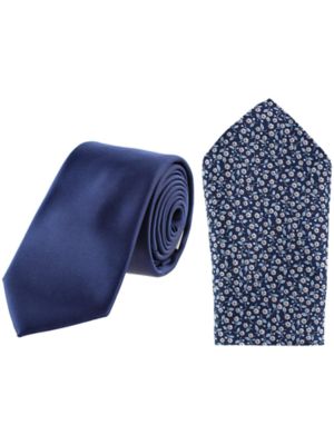 Essentials by Trafalgar Men's Solid Necktie and Metallic Floral Pocket Square Set, Navy Blue