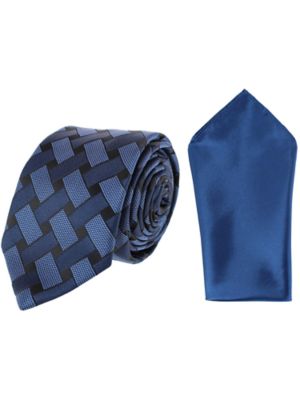 Essentials by Trafalgar Men's Criss Cross Patterned Necktie and Solid Pocket Square Set, Navy Blue