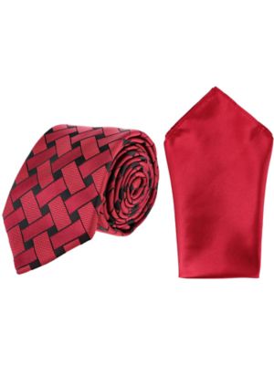 Essentials by Trafalgar Men's Criss Cross Patterned Necktie and Solid Pocket Square Set, Red