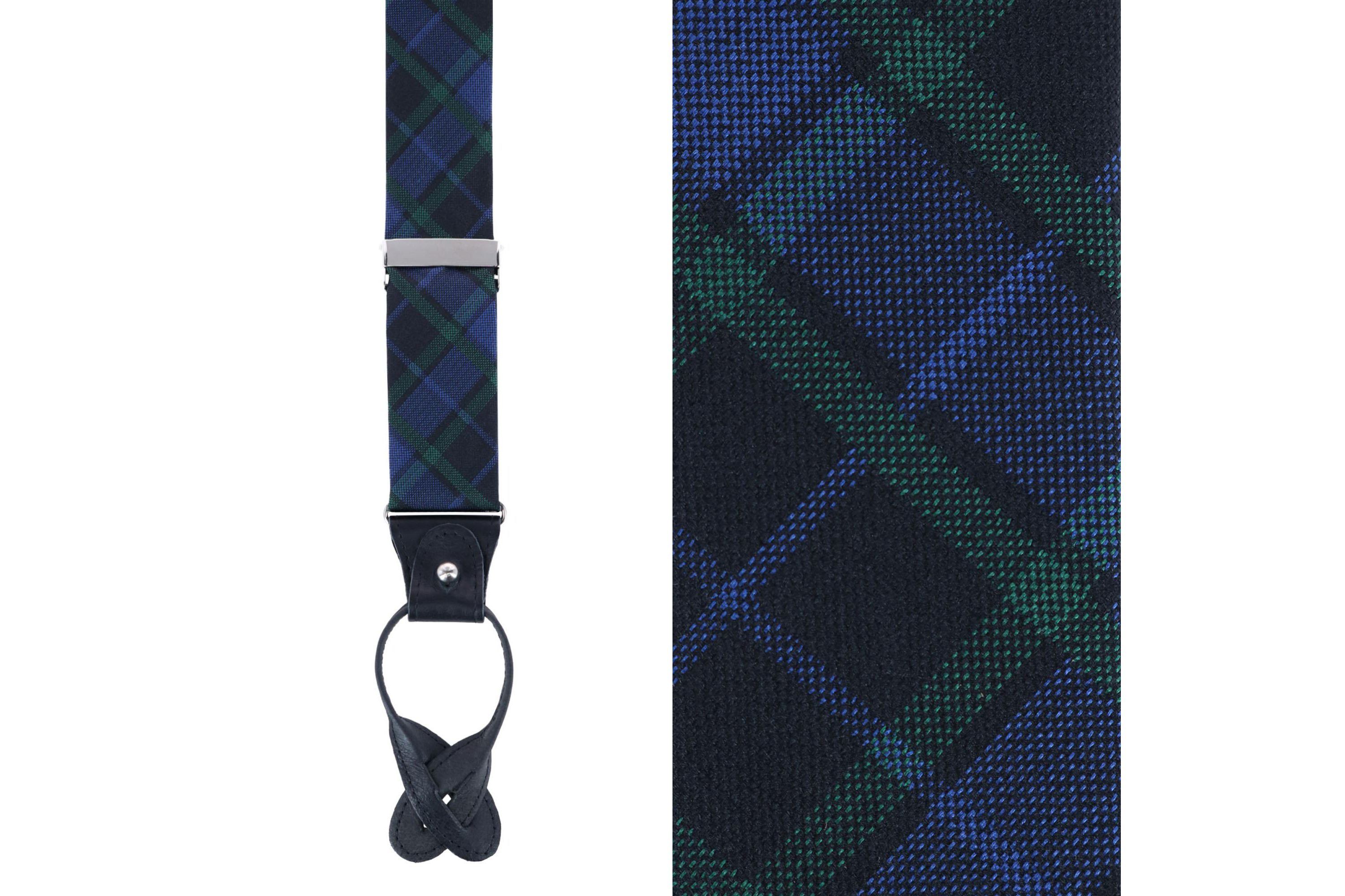 Ives Green and Navy Blackwatch Plaid Silk Button End Braces