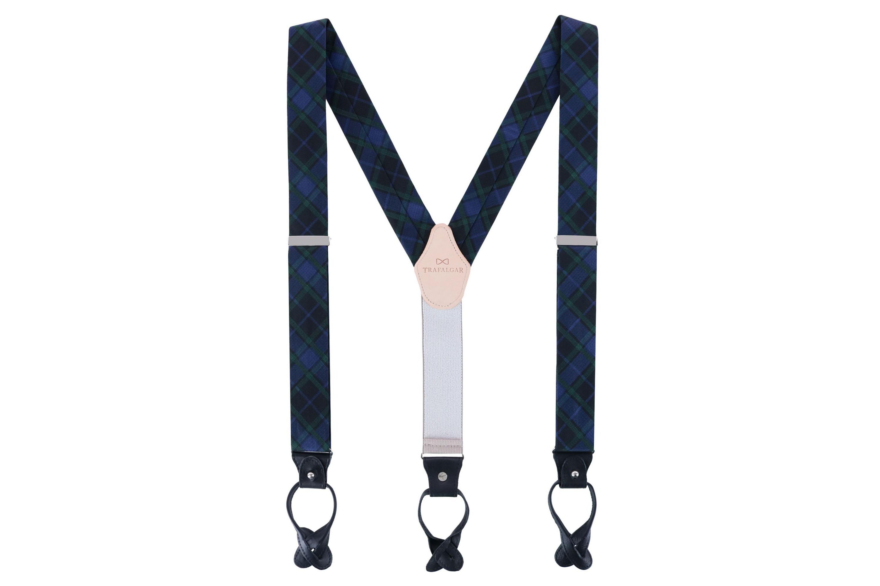 Ives Green and Navy Blackwatch Plaid Silk Button End Braces