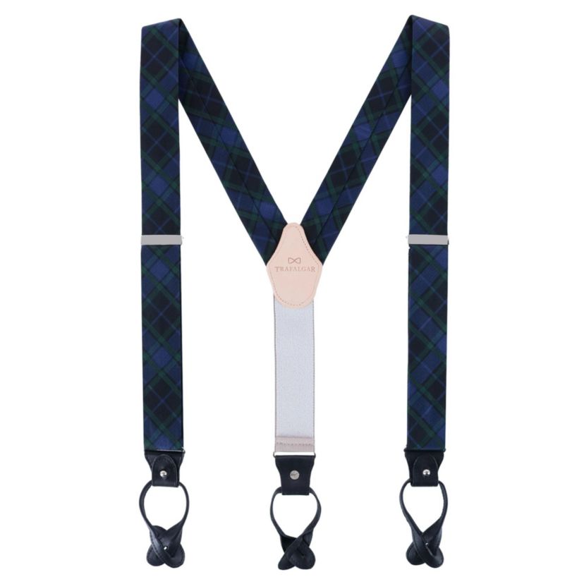 Ives Green and Navy Blackwatch Plaid Silk Button End Braces