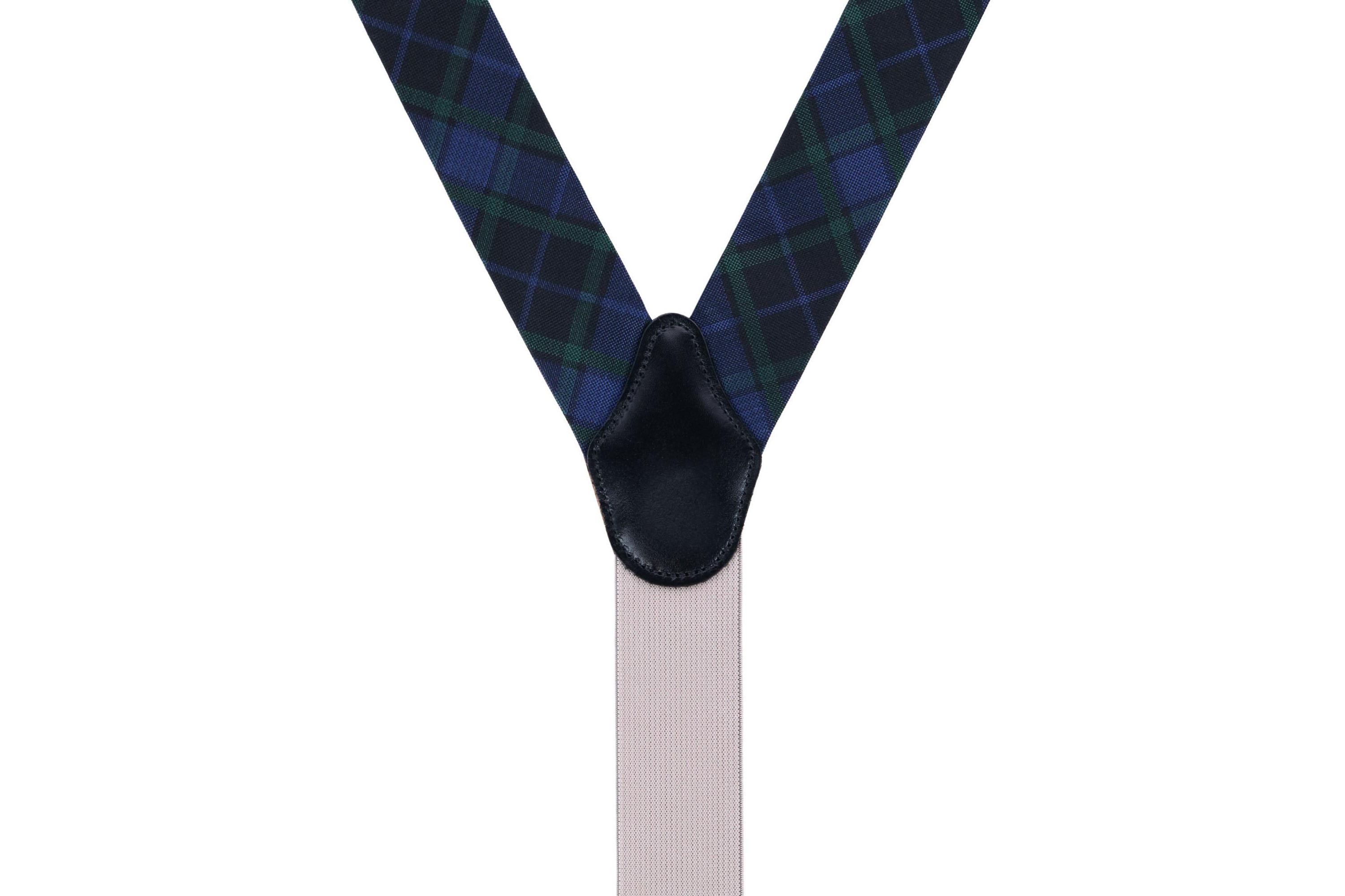 Ives Green and Navy Blackwatch Plaid Silk Button End Braces