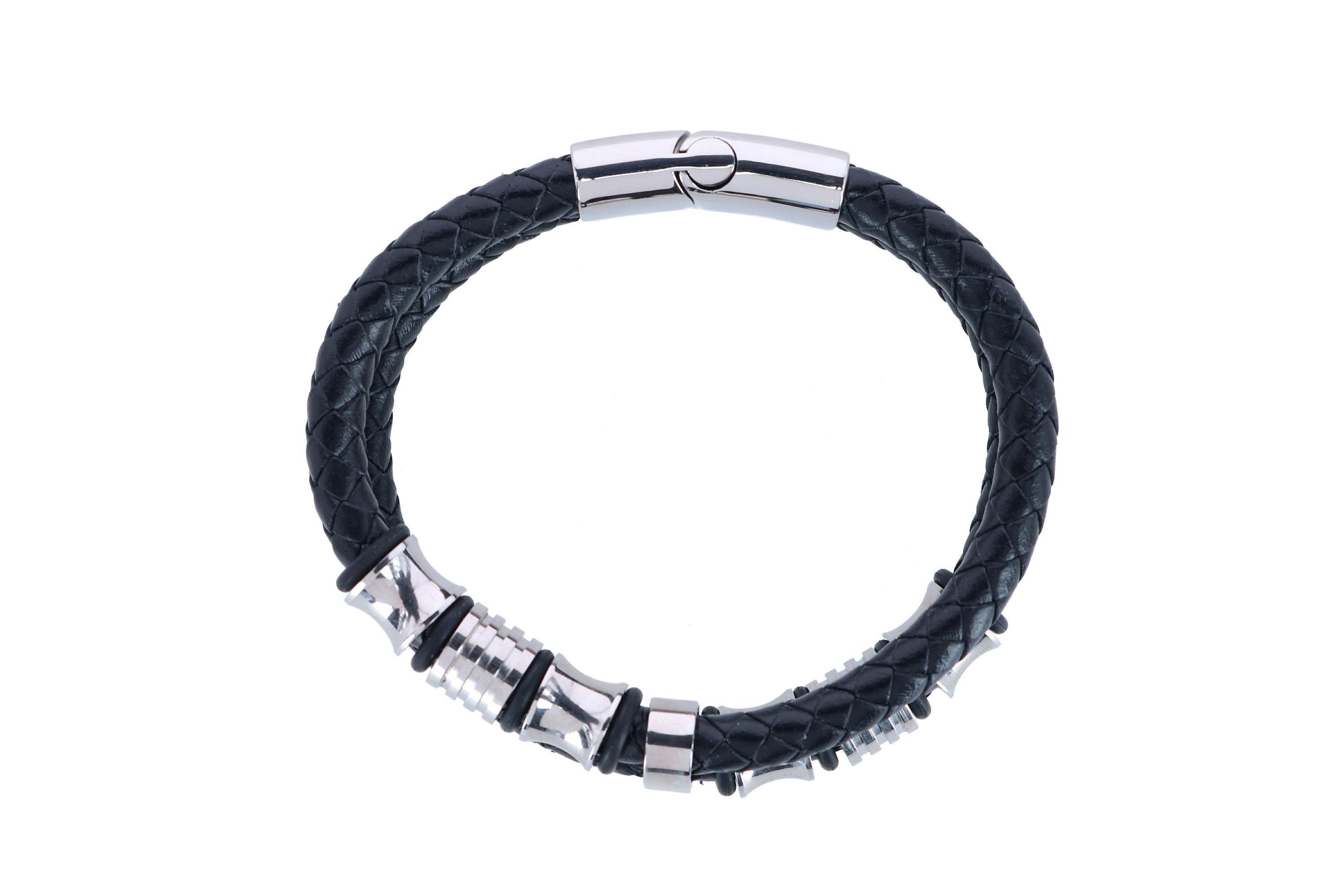 Loose Fit Silver and Leather 2 Band Secure Clasp Leather Bracelet
